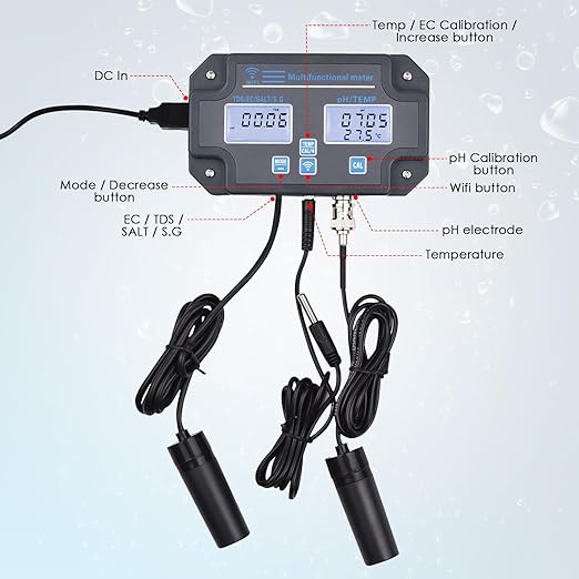 DANOPLUS Smart Water Quality Tester, 24 hrs Wireless App Monitoring of pH EC TDS Salinity SG Temperature, Mountable with Alarm Function for Aquariums & Hydroponics