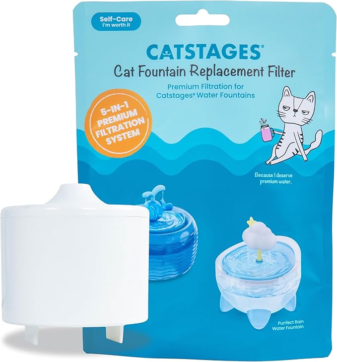 Catstages Cat Fountain Replacement Filter, 5-in-1 Premium Filtration System for Cat Water Fountains – Activated Carbon, Ion Exchange Resin & Antibacterial Balls – 1 Pack