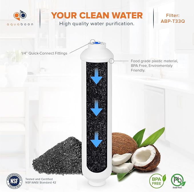 Aquaboon Premium Inline Post/Carbon Polishing Water Filter Catridge for Reverse Osmosis System Standard Size (Quick Connect Fiting) RO Water Filter Replacement Compatible with ICF-10 25-Pack