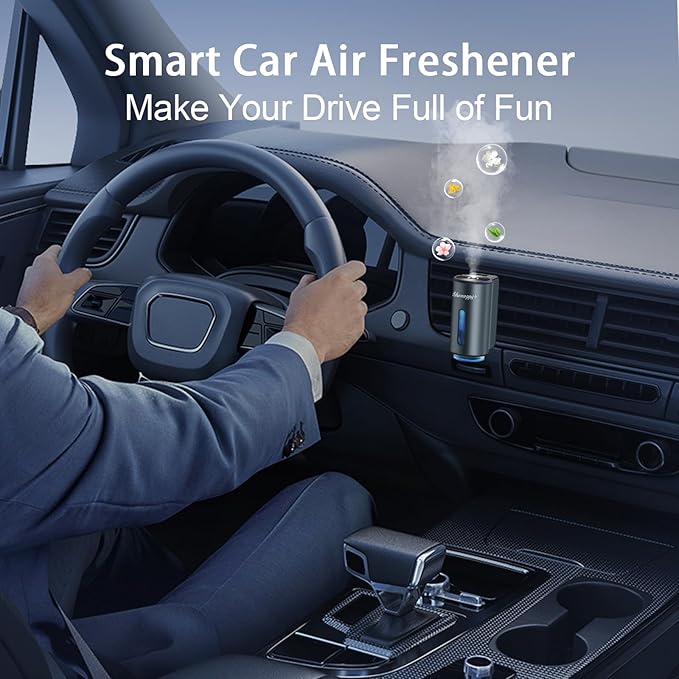 Smart Car Air Fresheners Diffuser with 4pcs Essential Oils, Automotive Scent Dispenser Rechargeable Aromatherapy Diffuser Vent Clip for Cars, 3 Adjustable Modes (Grey with 20pcs Oils)