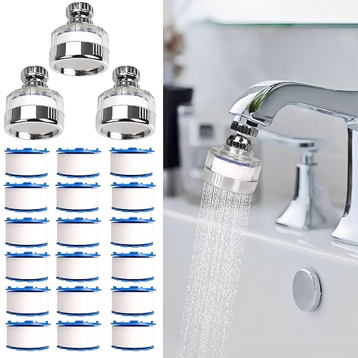 3 Pcs of Sink Water Filter and 18 Filter Elements Set, Sink Faucet Filter 360°Rotating, Bathroom Sink Filter Removes Fluoride Hard Water, Faucet Filter Faucet Extender for Home Kitchen Sink