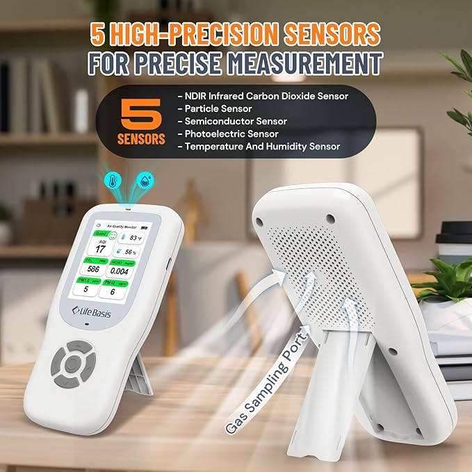LifeBasis Air Quality Monitor Indoor, 11-in-1 Air Quality Detector with Stand, Real-Time Air Meter Test AQI, PM1.0, PM2.5, PM10, CO2, TVOC, HCHO, Particles, Temperature and Humidity with Alert -White