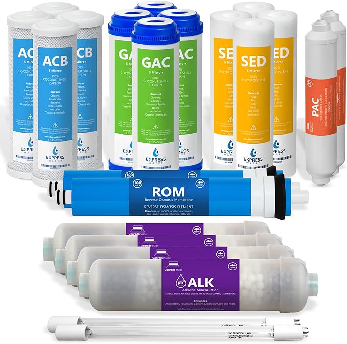Express Water – 2 Year Reverse Osmosis System Filter Set – 22 Filters with 100 GPD RO Membrane, Carbon GAC ACB PAC, Sediment SED, Alkaline, and UV Filters – 10 inch Size Replacement Water Filters…