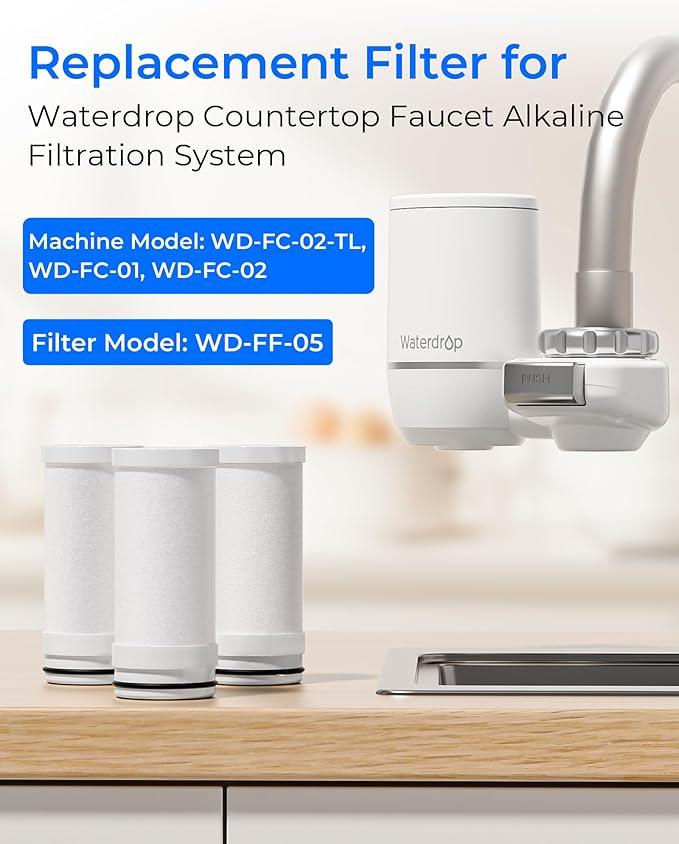 [Alkaline] Waterdrop Water Filter for Sink Faucet Replacement Water Filters, WD-FF-05A Fits Waterdrop Faucet Water Filter WD-FC-02T, WD-FC-02, WD-FC-01, WD-FC-06, Last Up to 9 Months, Pack of 3