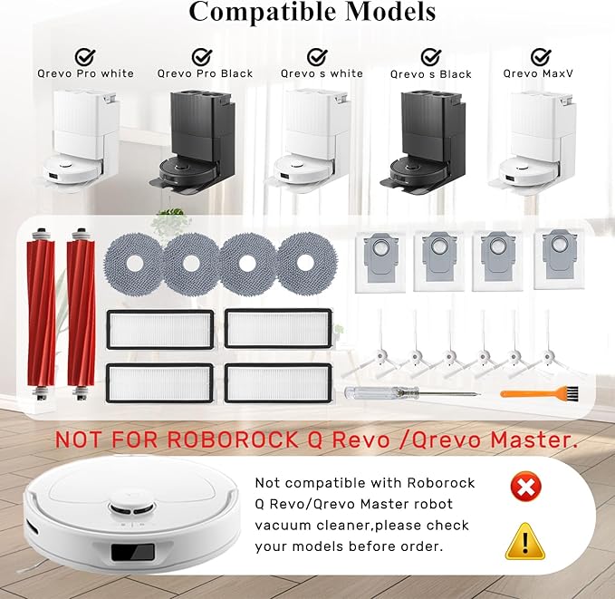 Accessories Kit for Roborock Qrevo S/Qrevo Plus/Qrevo Pro/Qrevo MaxV 【Not for Q Revo】Robot Vacuum, 2 Main Brush Roller, 4 Hepa Filters,4 Mop Pads, 4 Dust Bags, 6 Side Brush, 22 Pack Replacement Parts - AquaVibe