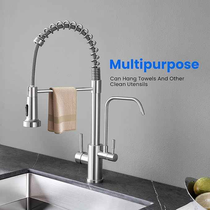 POPFLY Kitchen Faucet with Drinking Water Faucet, 3 in 1 Pull Down Faucet with Purfied Water Faucet, 2 Handle Spring Kitchen Water Filter Faucet, Brushed Nickel