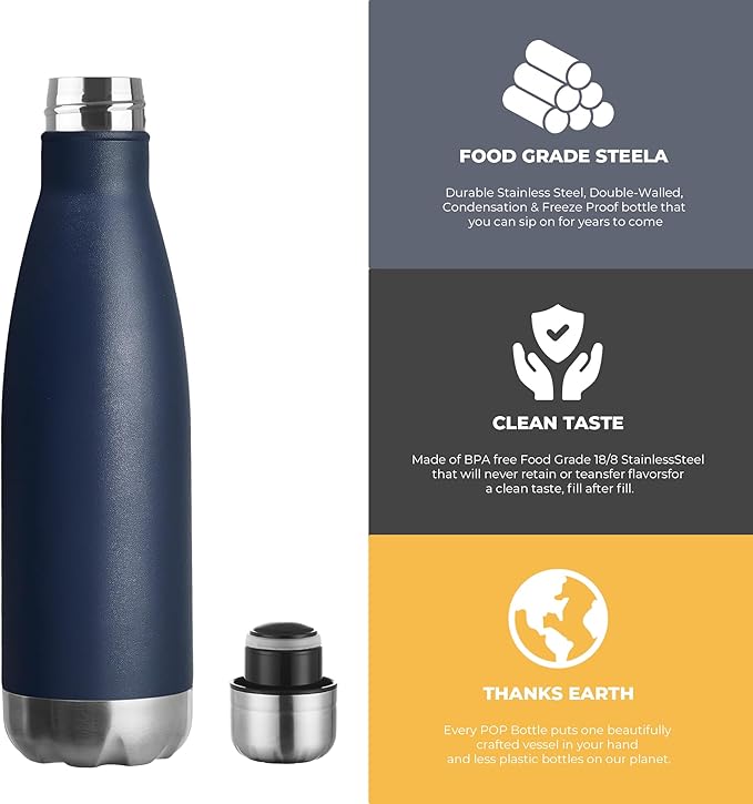 MEWAY 17oz Sport Water Bottle 8 Pack Vacuum Insulated Stainless Steel Leak-Proof Double Wall Cola Shape Water Bottle,Keep Drinks Hot & Cold (Navy,8 Pack)