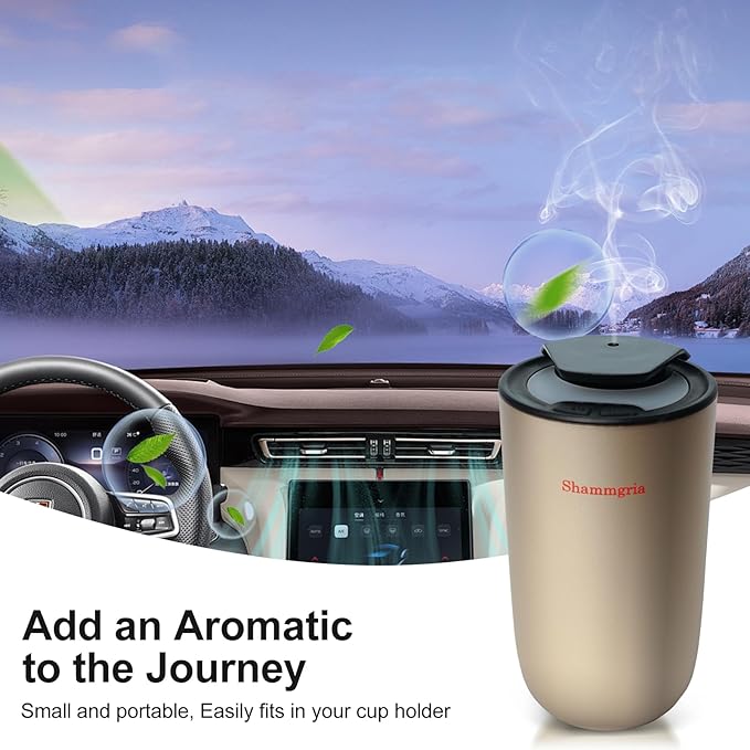 Car Air Diffuser Essential Oil Aromatherapy Scent Diffuser with 3 Mist Levels & LED Lights for Car, Room, Studio, Office- Champagne