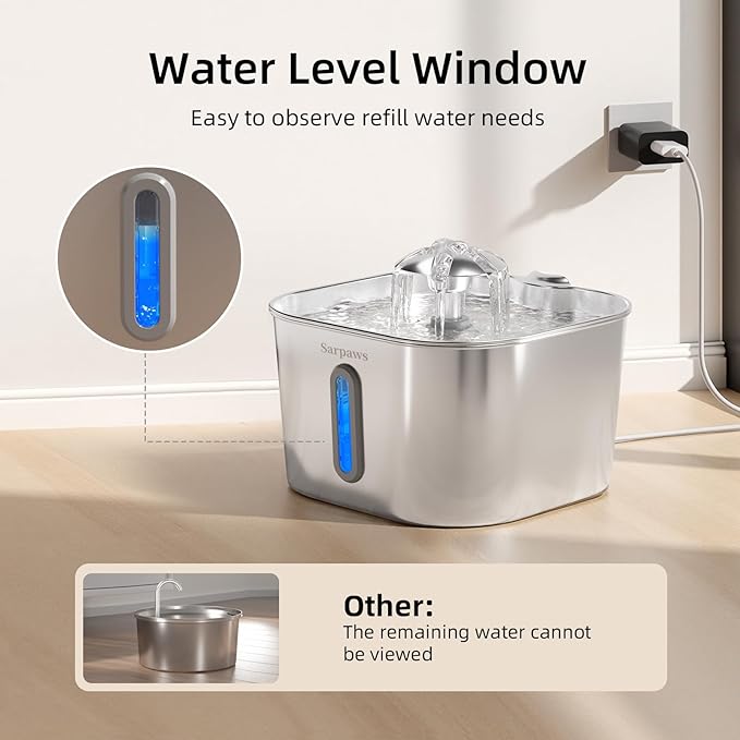 Cat Water Fountain Stainless Steel：74oz/2.2L Water Fountains for Cats Indoor, Cat Fountains for Drinking, Ultra-Quiet, Water Level Window, Pet Water Fountain - 2 Filters + 2 Sponges