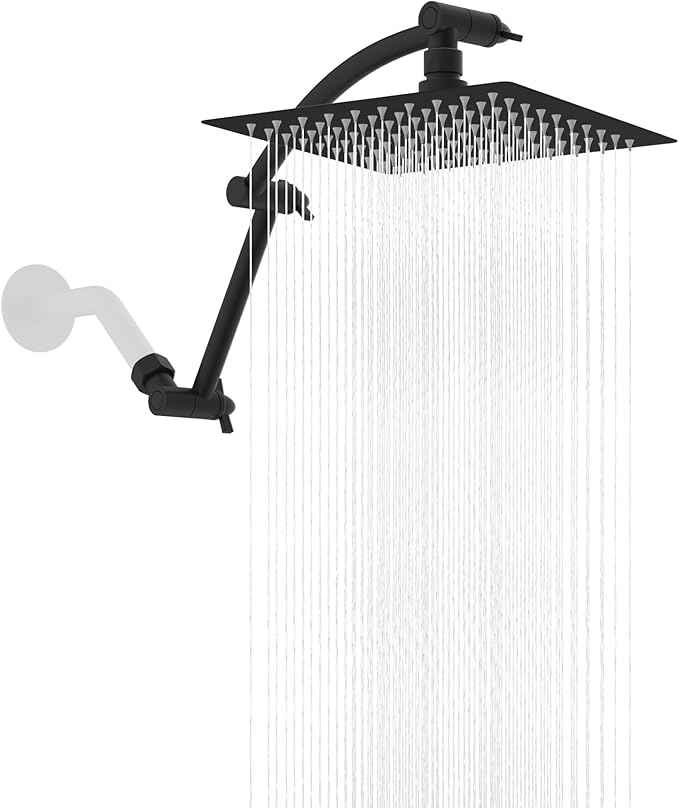 Hibbent All Metal Rain Shower Head, 8'' High Pressure Rainfall Showerhead with 16" Shower Head Extension Arm, Solid Brass Adjustable Shower Arm Extender, Waterfall fixed Showerheads, Matte Black