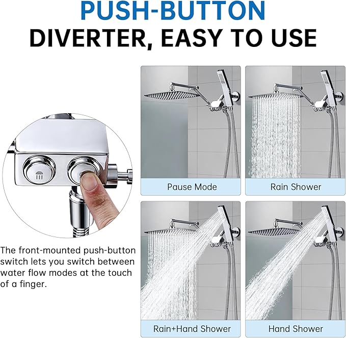 G-Promise All Metal 12 Inch Shower Head with Handheld Spray Combo，Rain Shower Head with Handheld Built-in Power Wash Mode, Adjustable Extension Arm with 4-Mode Diverter, 71 Inch Extra Long Hose
