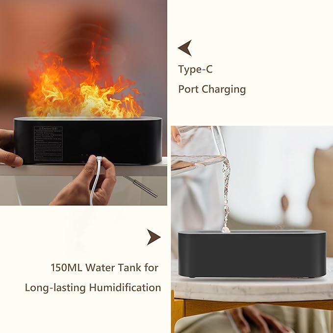 Essential Oils Diffuser for Humidifier, Fire Flame Aromatherapy Diffuser with 7 Colors Light, 150ml Cool Mist Humidificador with Timer&Auto Off, Scent Diffuser for Home Room Office(Black)