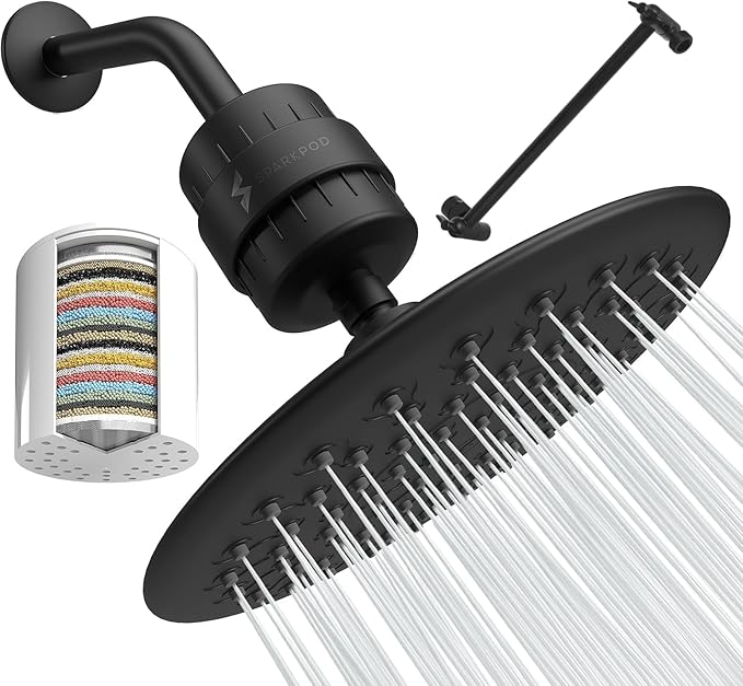 SparkPod High Pressure Shower Filter Head with Extension Arm - 9.5" Shower Head with Enhanced Formula Filter for Heavy Metals, Chlorine, and Chloramine Removal; Matte Black Finish