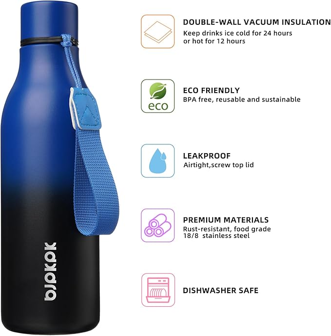 BJPKPK Insulated Water Bottles, 18 oz Stainless Steel Metal Water Bottle with Strap, BPA Free Leak Proof Jugs, Mugs, Flasks, Reusable Thermal Flasks for Sports & Travel, Blue Black