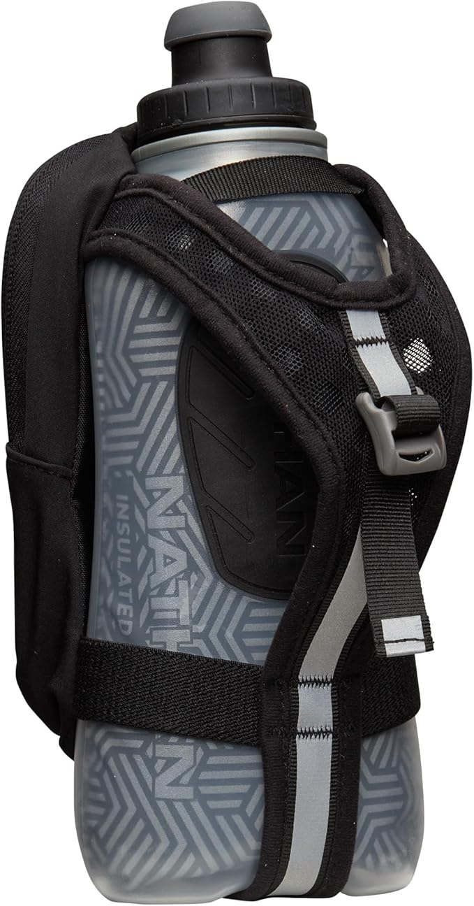 Nathan SpeedDraw 2 Insulated Handheld Running Water Bottle Flask 18oz – Double-Wall Insulation, Ergonomic Grip, Blast Valve Cap, Phone & Key Storage Pockets, Reflective Design