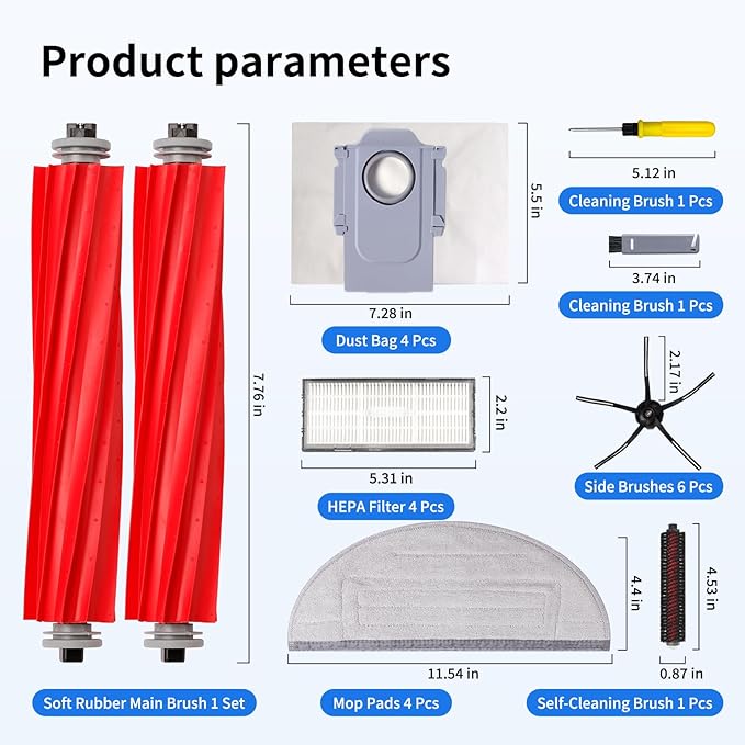 23 PCS Replacement Parts Compatible with Roborock S7 MaxV Ultra Robot Vacuum Cleaner,6 Side Brushes,4 HEPA Filters,4 Dust Bags,1 Cleaning Brush,2 Main Brushes,4 Mop Pads,2 Tools - AquaVibe