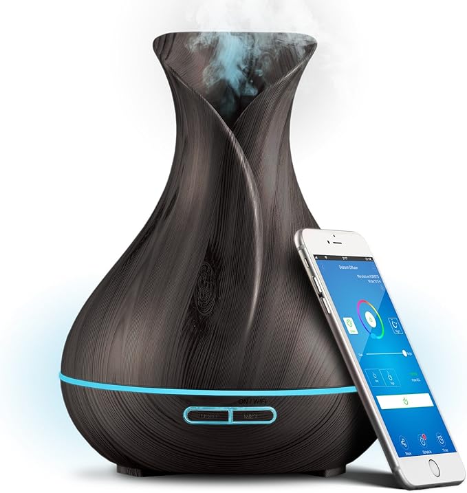 Smart WiFi Wireless Essential Oil Aromatherapy 400ml Ultrasonic Diffuser & Humidifier with Alexa & Google Home Phone App & Voice Control - LED & Timer Settings Dark Brown