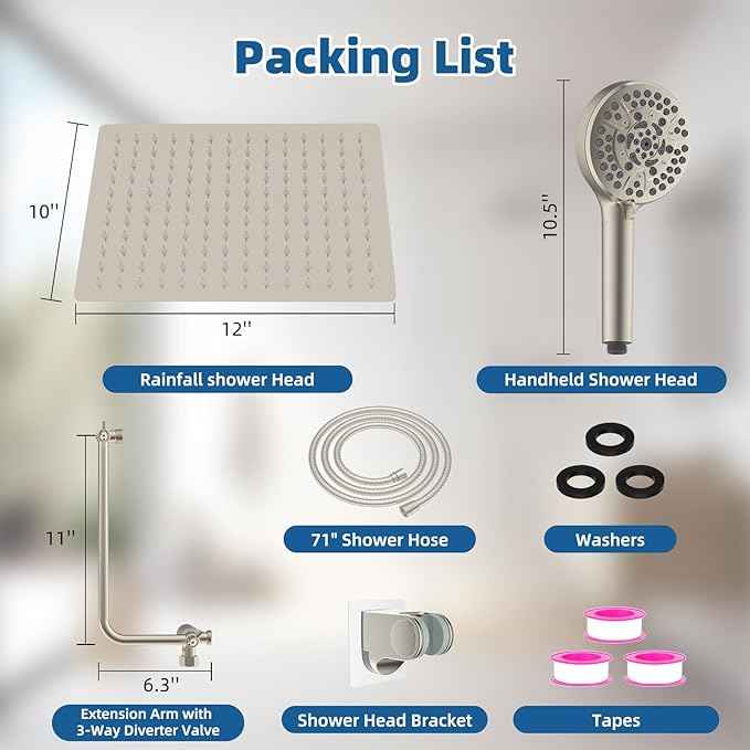 12" All Metal Shower Head, High Pressure 10-Spray Handheld Showerhead Rainfall Shower Head Combo with 11" Adjustable Shower Extension Arm, 71" Hose, Shower Head Holder, Brushed Nickel