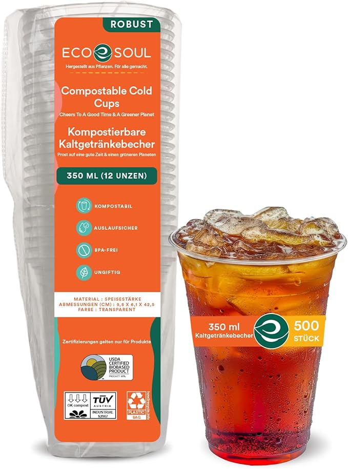 ECO SOUL 500 Pack Compostable Party Cups 12 oz Plant-Based Disposable Clear Cold Cup for Wine, Coffee, Smoothie & Soda Drinks | Cocktail Parties & Birthdays | Non-Toxic & BPA-Free Zero Plastic Glass