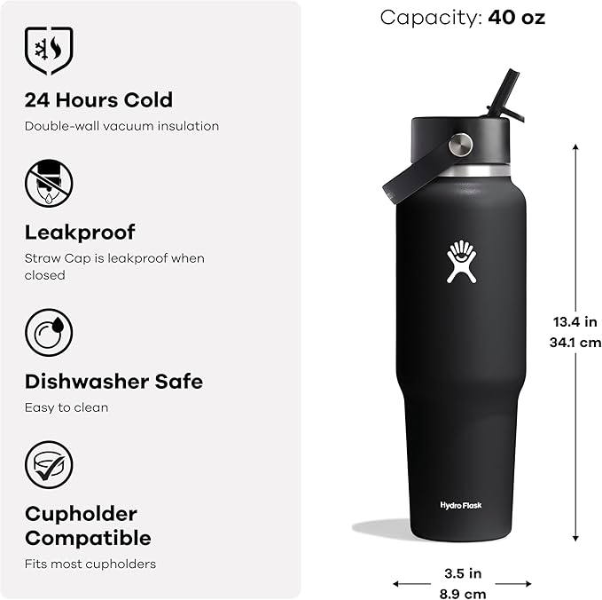 Hydro Flask Travel Water Bottle - Insulated Stainless Steel - Wide Straw Lid, Non Spill, Leakproof in 40 Oz Sandpiper