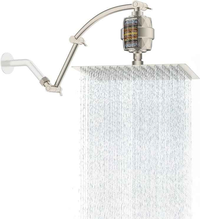 Hibbent All Metal Rain Filtered Shower Head, 12'' High Pressure Rainfall Showerhead with 16" Shower Extension Arm, 20 Stage Shower Filter, Solid Brass Adjustable Shower Arm Extender, Brushed Nickel