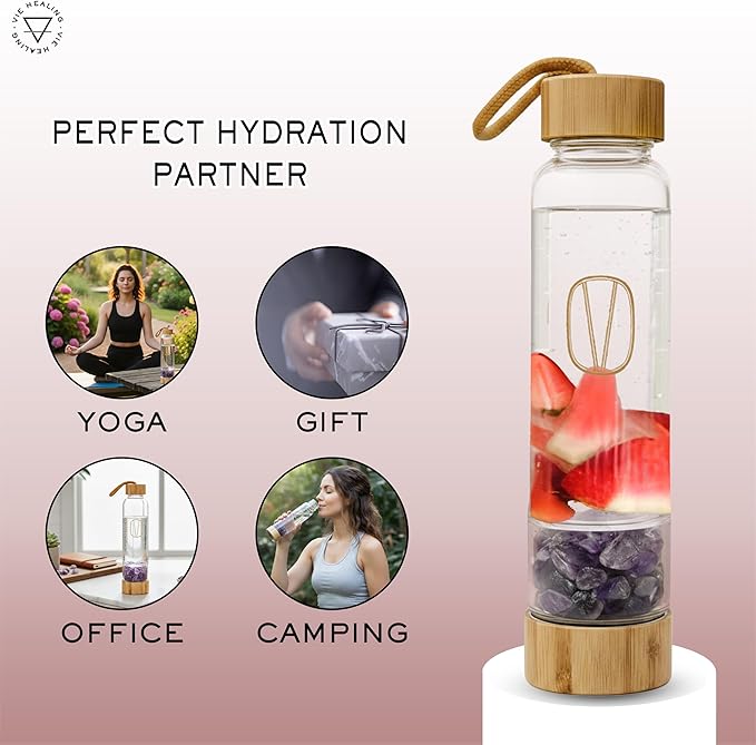 Vie Healing Gem Infused Amethyst Crystal Water Bottle, 16oz | Crystal Glass Bottle for Mindful Hydration, Daily Balance & Style | Eco Friendly Reusable Water Bottle for Home, Office, Gym & Travel