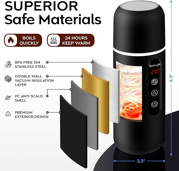 Electric Travel Kettle,12V/24V Car Coffee Warmer Kettle,Portable Hot Water Boiler,Small Hot Water Heater with Built-in Magnetic Induction Stirring