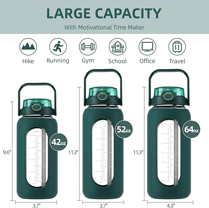 SIEROZUR 64 oz Glass Water Bottle with Straw and Handle Lid Half Gallon Motivational Glass Bottle with Silicone Sleeve and Time Marker Large Reusable Sports Water Jug for Gym Home Workout