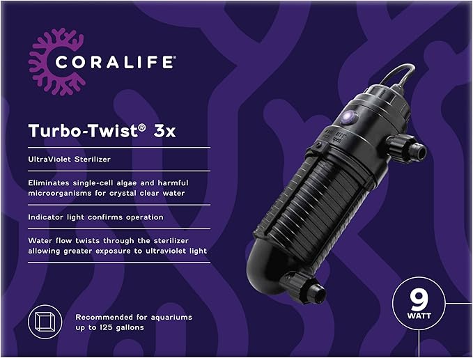 Coralife Aquarium Fish Tank Marine Salt Water Turbo-Twist UV Sterilizer 3X, For up to 125 Gallons