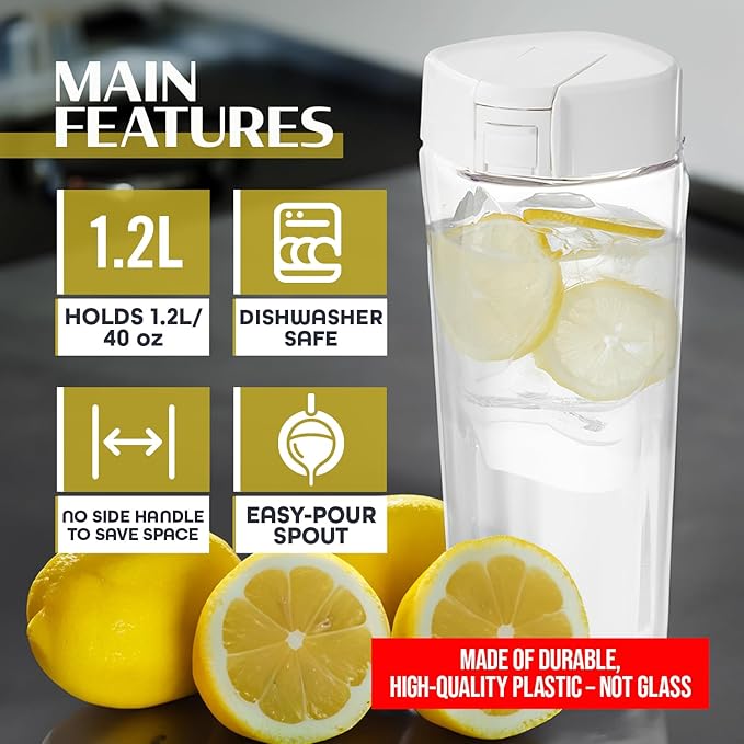 Lustroware QuickFlip Slim Airtight Pitcher - 1.2L (40oz), Heat Resistant, BPA-Free SAN Plastic, Easy Pour, Space-Saving, Made in Japan - White