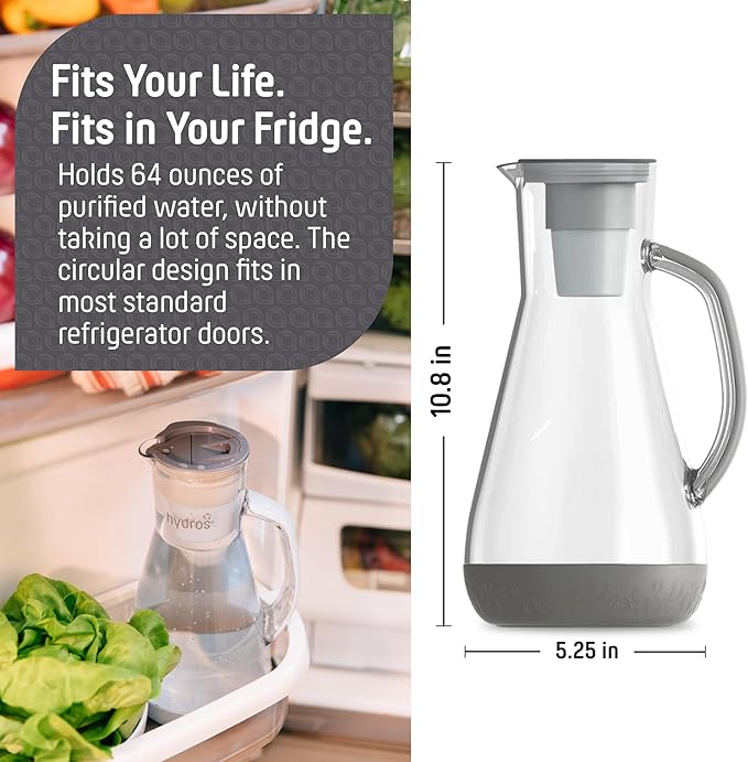 Hydros 64 Ounce Water Filter Pitcher with Patented Fast Flo Tech, 60 Second Quick Fill-Up and BPA-Free Recyclable Filter, Eight Cup Capacity, Grey