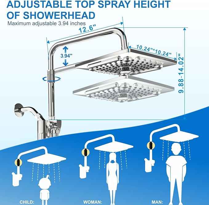 ELLO&ALLO Filtered Rain Shower Head with Handheld Spray, Rainfall Shower Head Combo with 59" Hose, Dual Showerhead Set with Adjustable Shower Extension Arm, Chrome