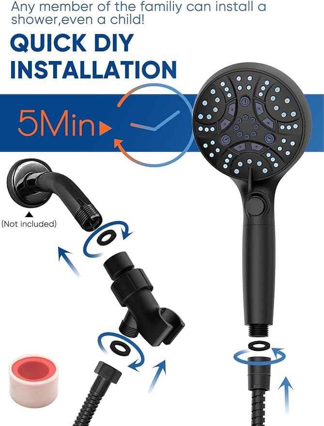 Pavezo® High Pressure Handheld Shower Head with Filter, ON/OFF Switch Pause Button, 10-mode Shower Head with Hard Water Softener Filters, SS Hose, Anti-clog & Powerful to Clean Tile & Pets, Black