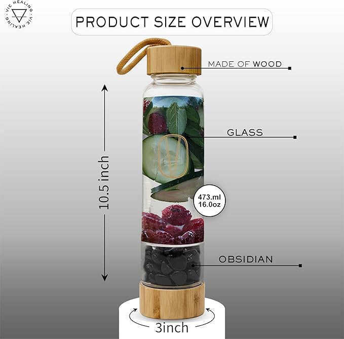 Vie Healing Gem Infused Obsidian Crystal Water Bottle, 16oz | Crystal Glass Bottle for Mindful Hydration, Daily Balance & Style | Eco Friendly Reusable Water Bottle for Home, Office, Gym & Travel