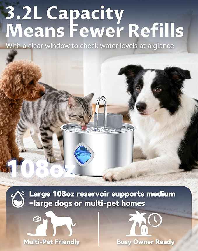 Water Bowl, Stainless Steel Dog Water Bowl for Dogs Cats (8 Filters + 4 Sponges)