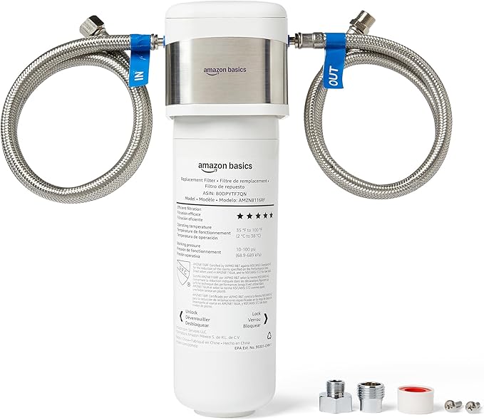 Amazon Basics Under Sink Water Filter System, NSF/ANSI 42 & 372 Certified, Easy Twist-and-Lock Design, 11,000 Gallons, 1 Year Service Life, White