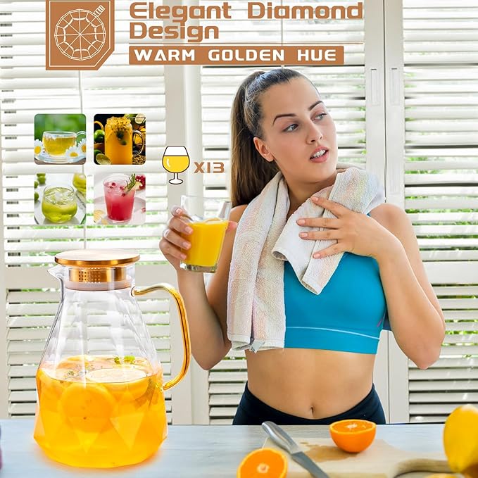 Yirilan Glass Pitcher, 1.6 Liter Water Pitcher With Lid, Iced Tea Pitcher for Fridge, Glass Water Carafe With Lid, Glass Water Jug, Small Drink Pitcher For Juice