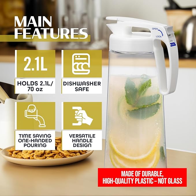 Lustroware QuickServe Airtight Pitcher - 2.1L (70oz), Heat Resistant, BPA-Free SAN Plastic, One Touch Open & Close, Space-Saving, Made in Japan - White