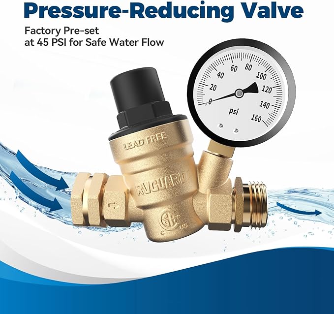 RVGUARD RV Water Pressure Regulator Valve, CSA Approved, Lead-Free Brass Adjustable Water Pressure Reducer with Gauge and Inlet Screen Filter for RV Camper Travel Trailer