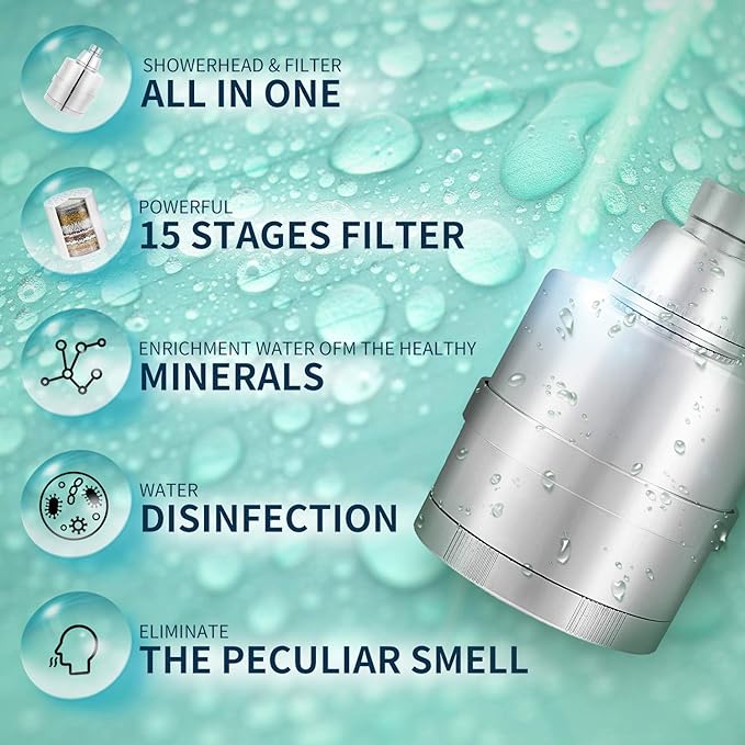 BathBeyond Shower Filter Head 2-in-1 Vitamin C 15 Stage High Output Water Filter With cartridge for Hard Water - Removes Chlorine Fluoride and Improves The Condition of Your Skin, Hair (Nickel)