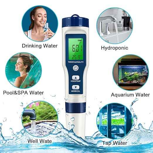 5 in 1 LFS TDS Meter PH Tester, 0.01 High Accuracy Digital PH Meter for Water, PH/TDS/EC/Salt/Temp Tester, PPM Meter Water Tester for Drinking Water, Hydroponics, Plants, Aquarium and Pool