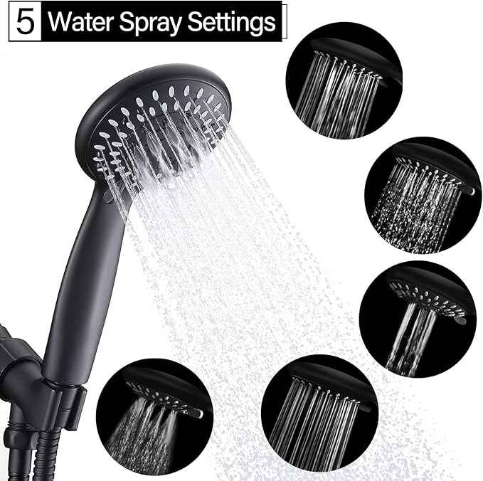 Shower Head with Handheld, Briout 5-Settings Showerhead High Pressure Powerful Water Spray Shower Head with Stainless Steel Hose and Adjustable Mount, Matte Black