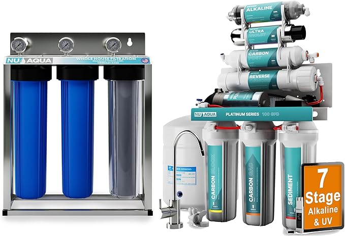 NU Aqua 7-Stage UV and Alkaline Under Sink Reverse Osmosis Water Filter System with Booster Pump + 3-Stage Whole House Water Filtration System - RO Filtration - Faucet & Tank