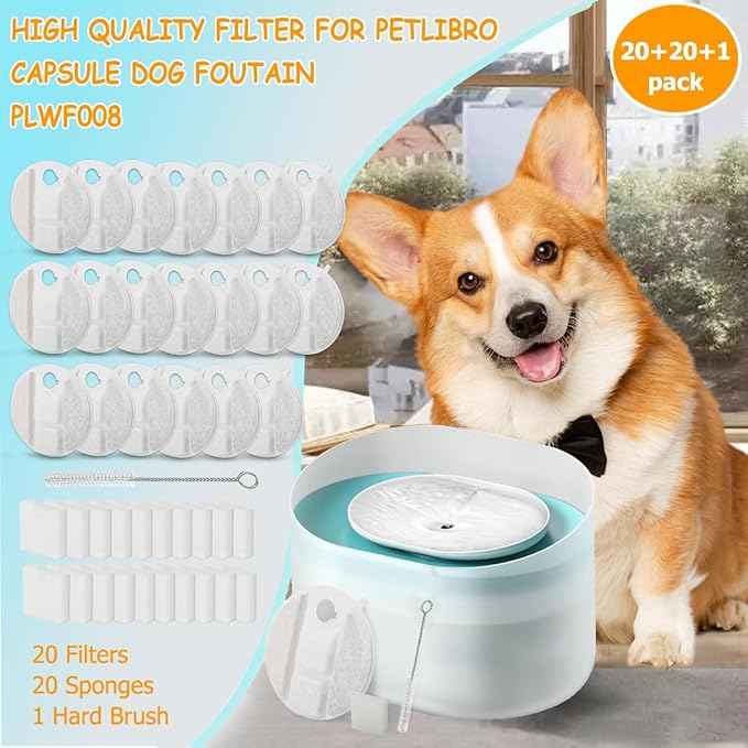 20 Pack Dog Water Fountain Replacement Filters for Petlibro Capsule Dog Fountain PLWF008,Pet Water Fountain Filter with Replacement Pre-Filter Pump Sponges with 1 Hard Brush.