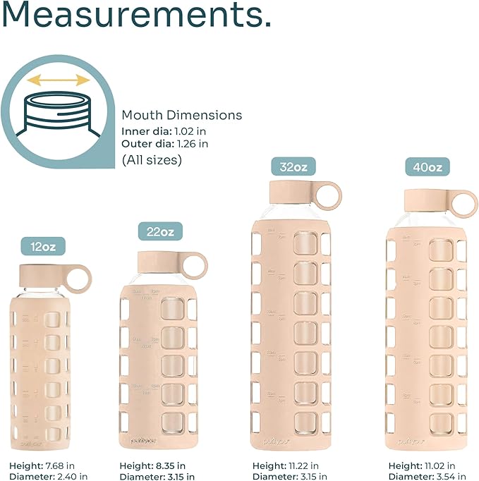 purifyou 40oz / 32oz / 22oz / 12oz Borosilicate Glass Water Bottle with Time & Volume Markers, Silicone Sleeve, Stainless Steel Lid | Reusable Glass Bottle for Water & Juice (32oz Hazelnut)