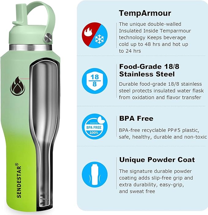 SENDESTAR Water Bottle,Wide Mouth Stainless Steel Vacuum Insulated Double Wall Keep Liquids Cold or Hot All Day,Sweat Proof Sport Design,Fit Car Cup Holder,Light Green Gradient,40 Ounces