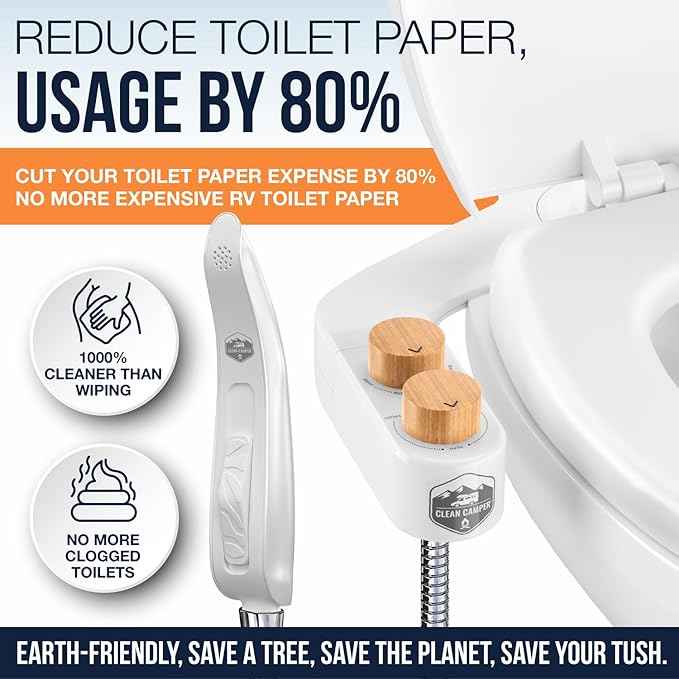 RV Bidet Deluxe Kit – Dual Nozzle Bidet + 4-Ft Handheld Spray Wand for & Full RV Bathroom Cleaning – Adjustable Water Pressure, Compact Reversible RV Fit, Brass Fittings, 4-Way T-Adapter