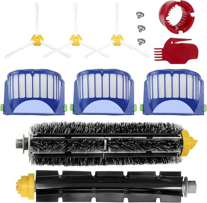 Replacement Parts fit for i-Robot Room-ba 600 Series 614 618 620 630 640 650 660 675 680 685 690 692 694 695 Vacuum Cleaner Replenishment Kit- Includes 3 Filter, 3 Side Brush &1 Bristle Brush - AquaVibe