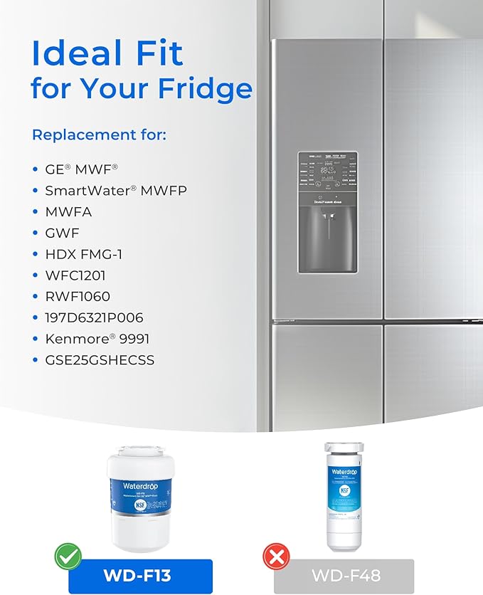Waterdrop WD-F13 Replacement for GE® MWF® Water Filter, SmartWater® MWFP, GWF, HDX FMG-1, RWF1060, GSE25GSHECSS, 4 Filters(Package May Vary)