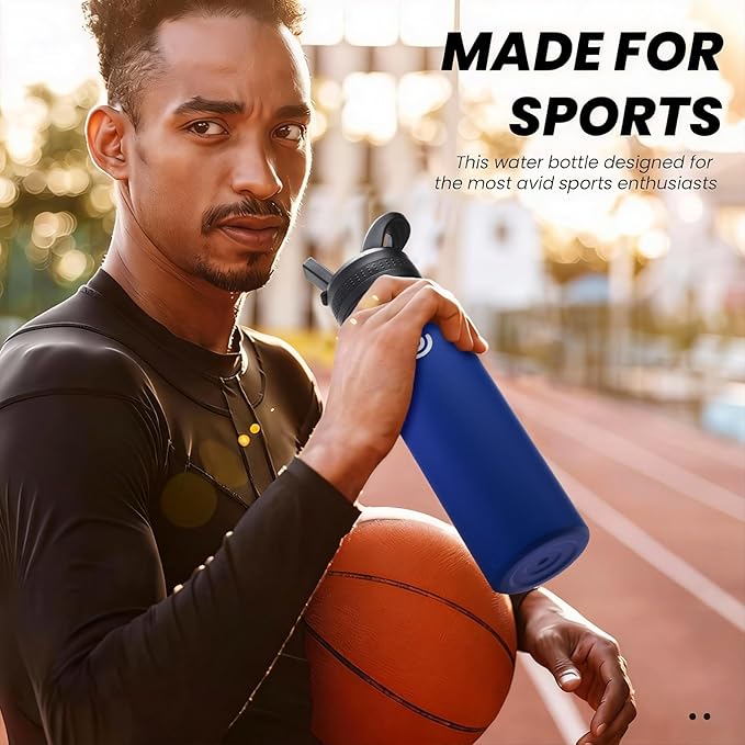COKTIK 22oz Sports Water Bottle, Stainless Steel Water Bottle for Insulated, Reusable Travel Bottle, With Straw, With Handle Grip for Easy Carrying, Suitable for Cycling, Outdoor Vacations(Cobalt)